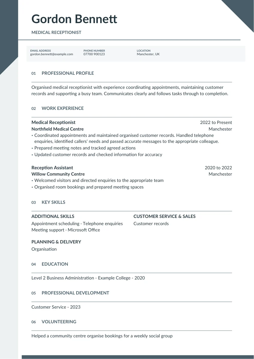 Gordon Bennett's fictional medical receptionist CV in the Clarity template, with clear headings and concise experience entries